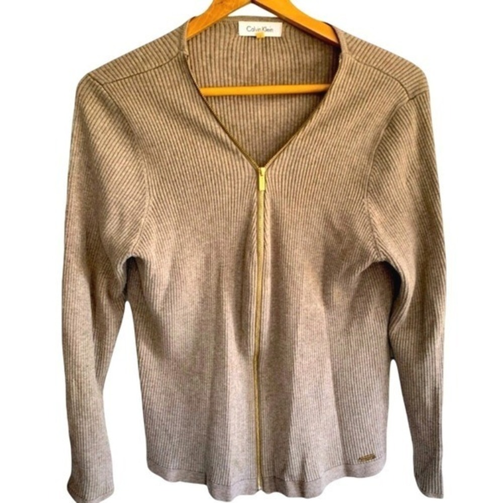 Calvin Klein Full Zip Cardigan Sweater Large Tan Ribbed Gold Hardware Minimalist
